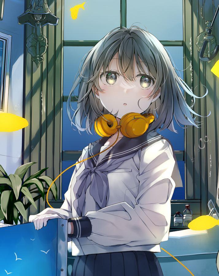 1girl :o air_bubble animal bangs black_sailor_collar black_skirt blush bubble collarbone commentary_request eyebrows_visible_through_hair fish grey_eyes grey_hair grey_neckerchief hair_between_eyes headphones headphones_around_neck indoors long_sleeves looking_away looking_to_the_side natsume_eri neckerchief original painting_(object) parted_lips plant pleated_skirt puffy_long_sleeves puffy_sleeves sailor_collar school_uniform serafuku short_hair skirt solo wall_lamp window