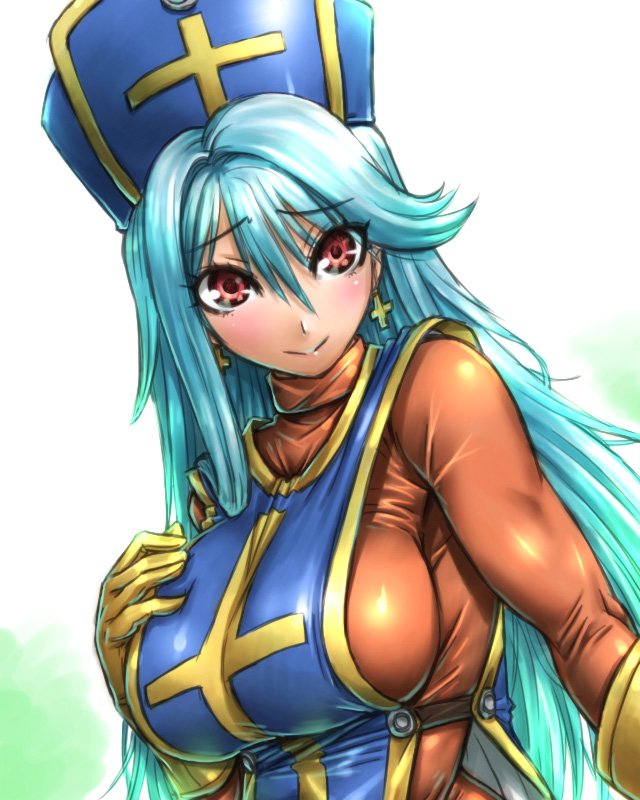 1girl amania_orz aqua_hair blush bodysuit breasts closed_mouth cross dragon_quest dragon_quest_iii earrings gloves hat jewelry large_breasts long_hair looking_at_viewer mitre orange_bodysuit priest_(dq3) red_eyes skin_tight smile solo tabard