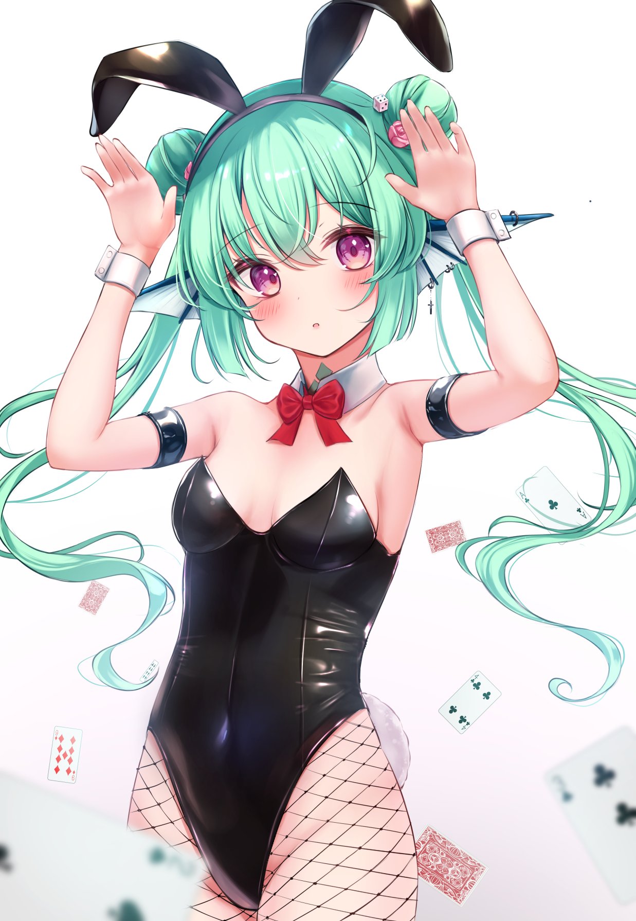 1girl alternate_costume animal_ears black_leotard blush breasts bunny_pose card detached_collar eyebrows_visible_through_hair fake_animal_ears finana_ryugu fishnets green_hair head_fins head_tilt highres leotard looking_at_viewer nijisanji nijisanji_en official_alternate_hairstyle open_mouth playboy_bunny playing_card rabbit_ears rabbit_tail small_breasts solo tail twintails ustn_(usatan) violet_eyes virtual_youtuber white_background