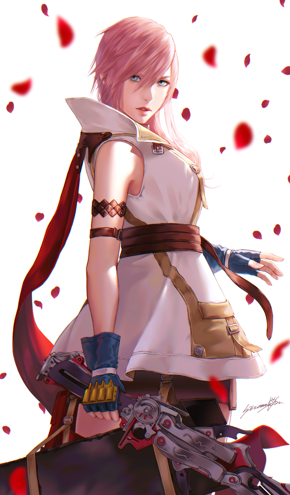 1girl blue_eyes breasts female final_fantasy final_fantasy_xiii fingerless_gloves gloves highres hiromyan lightning_farron lips long_hair looking_at_viewer miniskirt petals pink_hair simple_background skirt solo weapon white_background