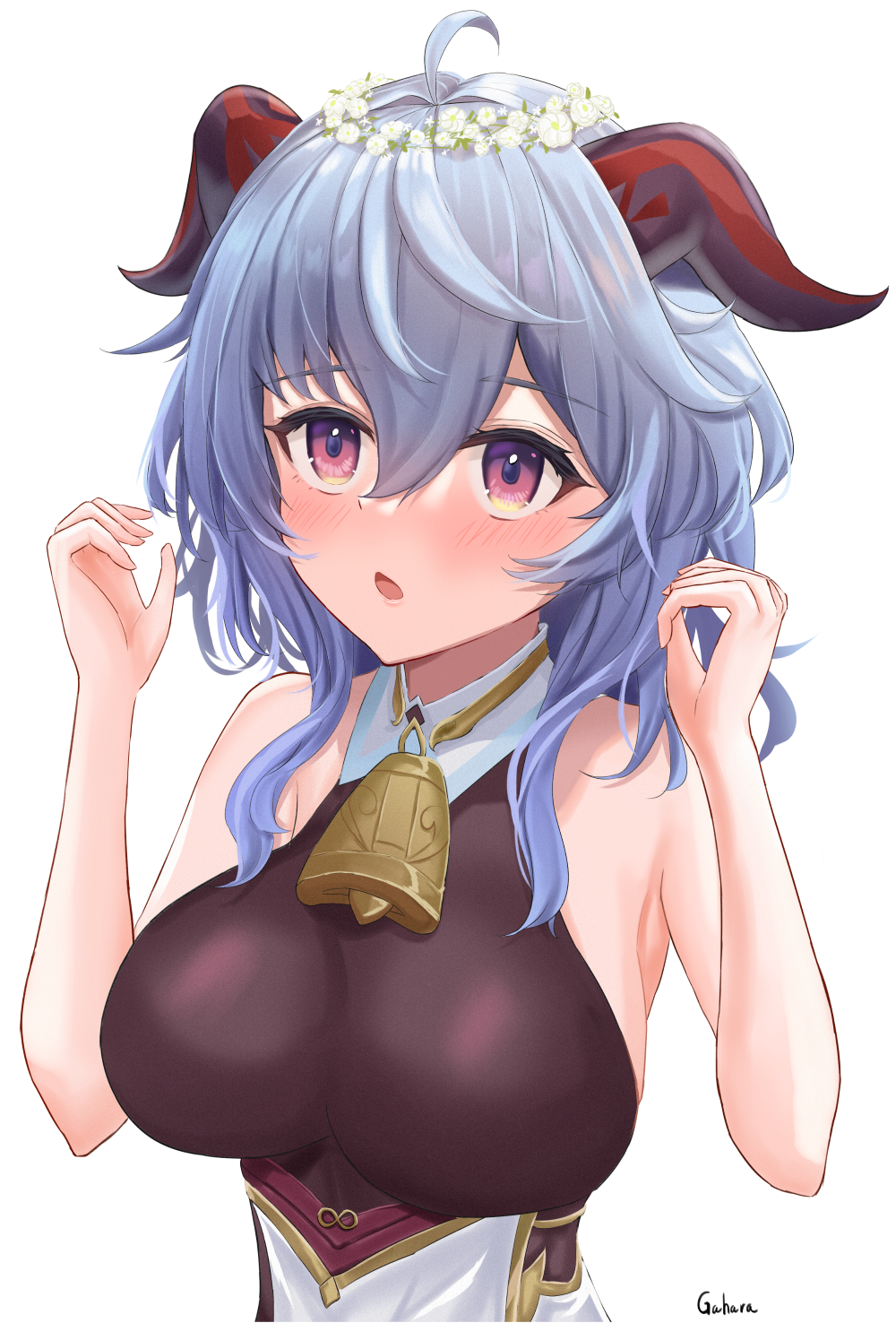 1girl ahoge bangs bare_arms bare_shoulders bell blue_hair blush breasts eyebrows_visible_through_hair flower gahara ganyu_(genshin_impact) genshin_impact gold_trim hair_flower hair_ornament highres horns large_breasts long_hair looking_up neck_bell no_gloves open_mouth sideboob sidelocks sleeveless solo upper_body white_flower