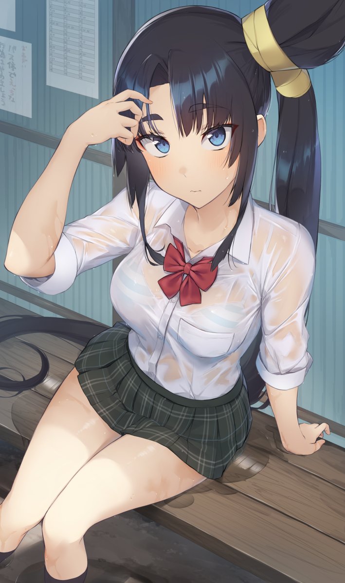 1girl arm_support arm_up bangs black_hair black_legwear blue_bra blue_eyes bow bowtie bra breast_pocket commentary_request dress_shirt eyebrows_visible_through_hair fate/grand_order fate_(series) feet_out_of_frame green_skirt highres kneehighs knees_together_feet_apart light_blush long_hair looking_at_viewer miniskirt on_bench parted_bangs pinta_(ayashii_bochi) plaid plaid_skirt pleated_skirt pocket puddle red_bow red_bowtie see-through_shirt shirt shirt_tucked_in side_ponytail sidelocks sitting skirt solo striped striped_bra thighs underwear ushiwakamaru_(fate) very_long_hair wet wet_clothes white_bra