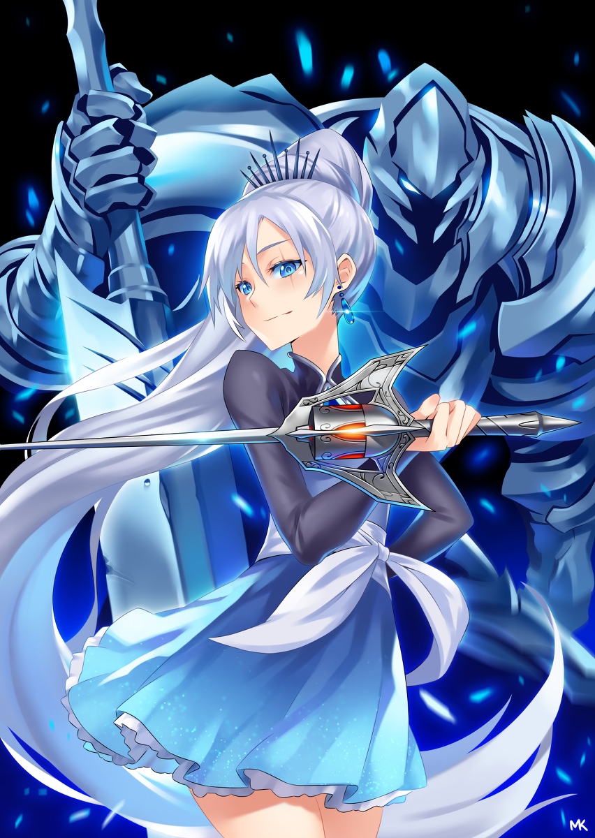 1girl blue_eyes dress earrings high_collar highres holding holding_weapon jewelry long_hair long_sleeves looking_at_viewer mk_(lazymk) myrtenaster ponytail rapier ribbon rwby scar scar_across_eye scar_on_face smile solo sword tiara weapon weiss_schnee white_hair