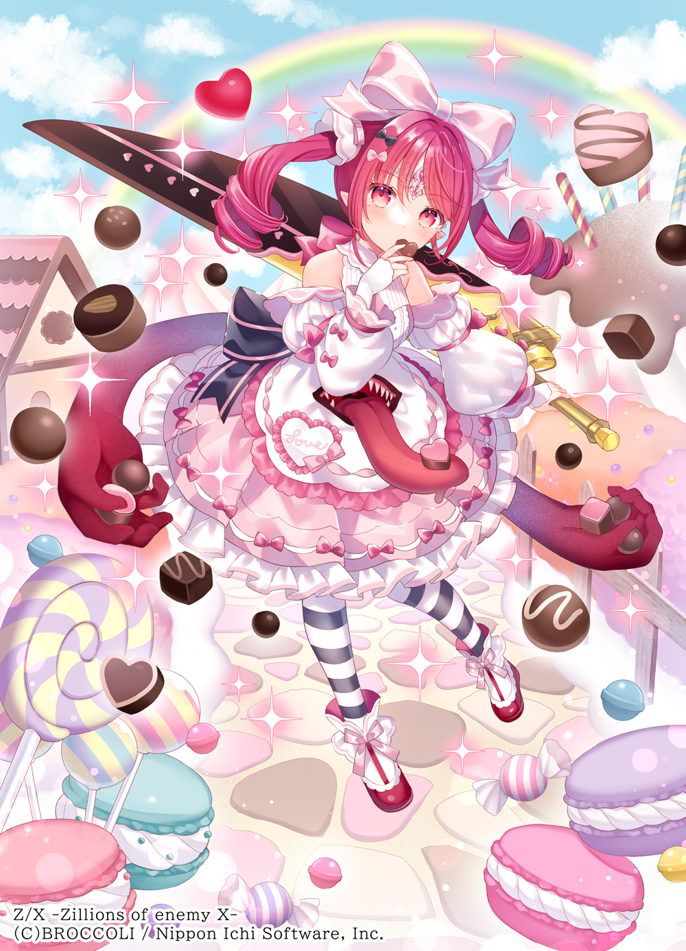 1girl black_bow black_legwear blue_sky bow candy candy_cane character_request chocolate clouds copyright copyright_name fingerless_gloves food full_body gloves hair_bow heart heart-shaped_chocolate highres holding holding_food house long_sleeves looking_at_viewer pink_bow pointy_ears rainbow red_footwear redhead sky solo striped striped_legwear wasabi_(sekai) white_bow white_gloves white_legwear z/x