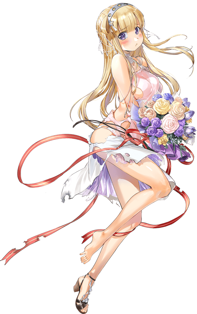 1girl barefoot blonde_hair bouquet breasts double_bun dress fletcher_(kancolle) flower full_body hair_ornament hair_ribbon hairband holding holding_bouquet kantai_collection large_breasts long_hair looking_to_the_side net official_alternate_costume official_art pout ribbon shoes single_shoe skirt solo star_(symbol) star_hair_ornament torn_clothes transparent_background veil violet_eyes white_skirt zeco