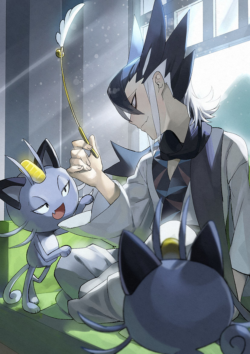 1boy alolan_meowth bangs black_hair black_scarf blurry cat_teaser closed_mouth commentary_request couch grimsley_(pokemon) indoors japanese_clothes kimono light_rays looking_down male_focus multicolored_hair pokemon pokemon_(creature) pokemon_(game) pokemon_sm scarf sitting smile two-tone_hair white_hair white_kimono window yamanashi_taiki