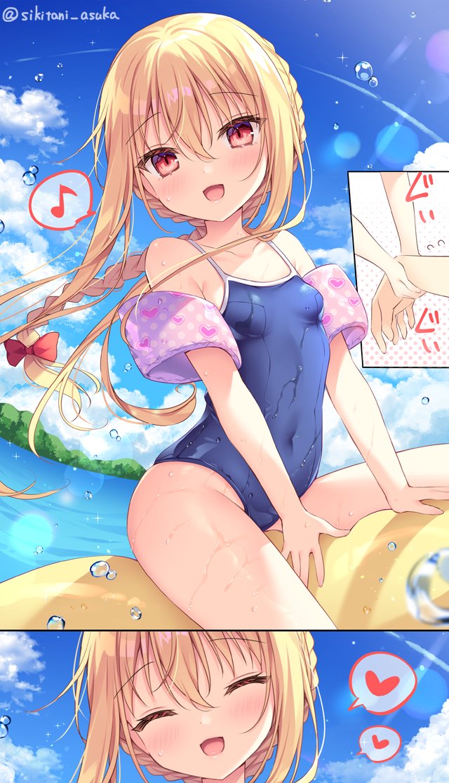 1girl :d bangs bare_shoulders blonde_hair blue_sky blue_swimsuit blush bow braid breasts clouds commentary_request covered_navel day eyebrows_visible_through_hair hair_between_eyes hair_bow heart heart_print inflatable_armbands long_hair looking_at_viewer multiple_views one-piece_swimsuit open_mouth original outdoors polka_dot red_bow red_eyes school_swimsuit shikitani_asuka single_braid sitting sky small_breasts smile straddling swimsuit twitter_username very_long_hair water water_drop wet wet_clothes wet_swimsuit