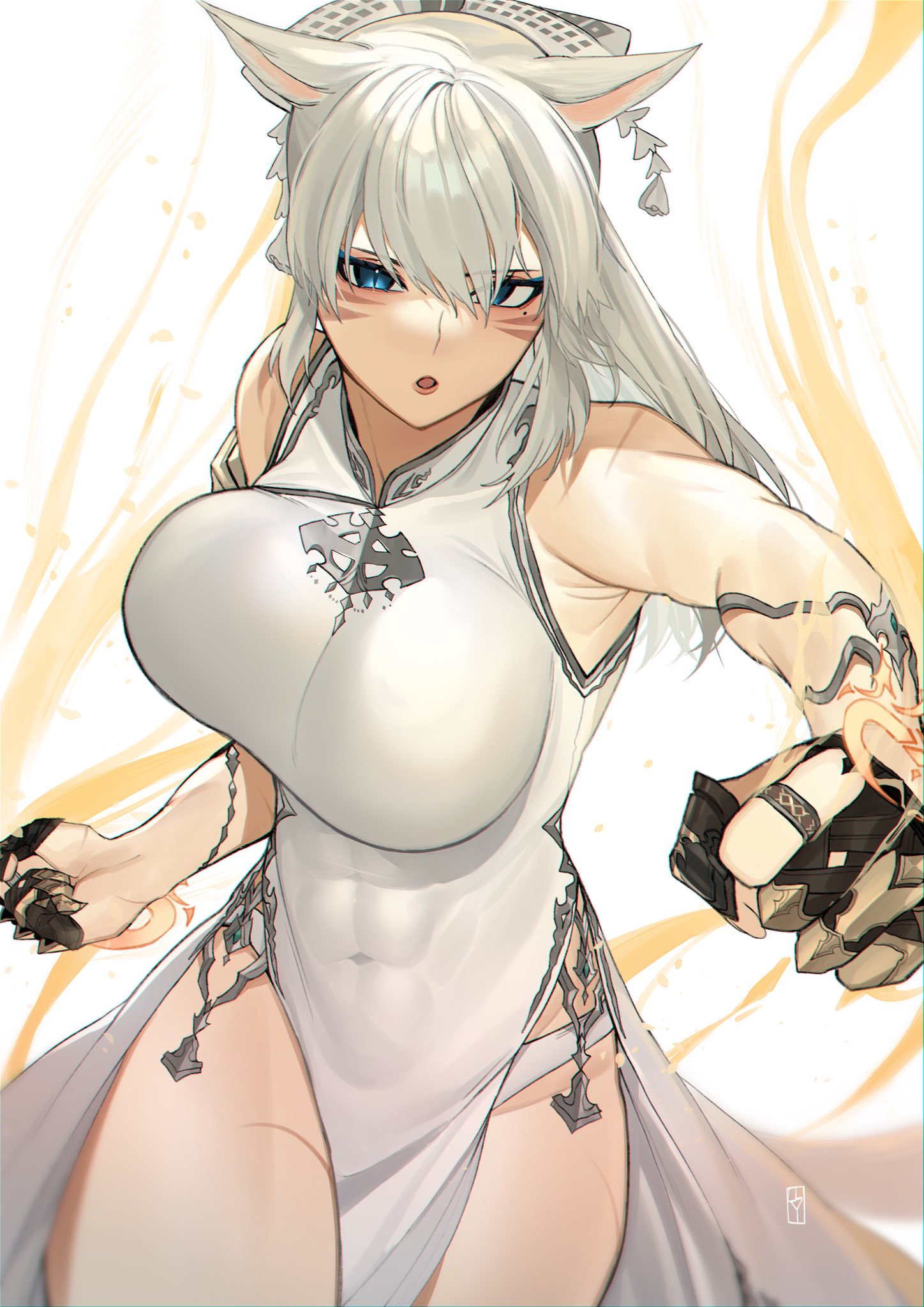1girl :o abs animal_ears avatar_(ff14) bangs bare_shoulders blue_eyes breasts cat_ears cat_girl china_dress chinese_clothes dress facial_mark final_fantasy final_fantasy_xiv gauntlets hair_ornament highres incoming_attack incoming_punch large_breasts lilycious monk_(final_fantasy) punching side_slit skindentation slit_pupils solo thighs white_dress white_hair