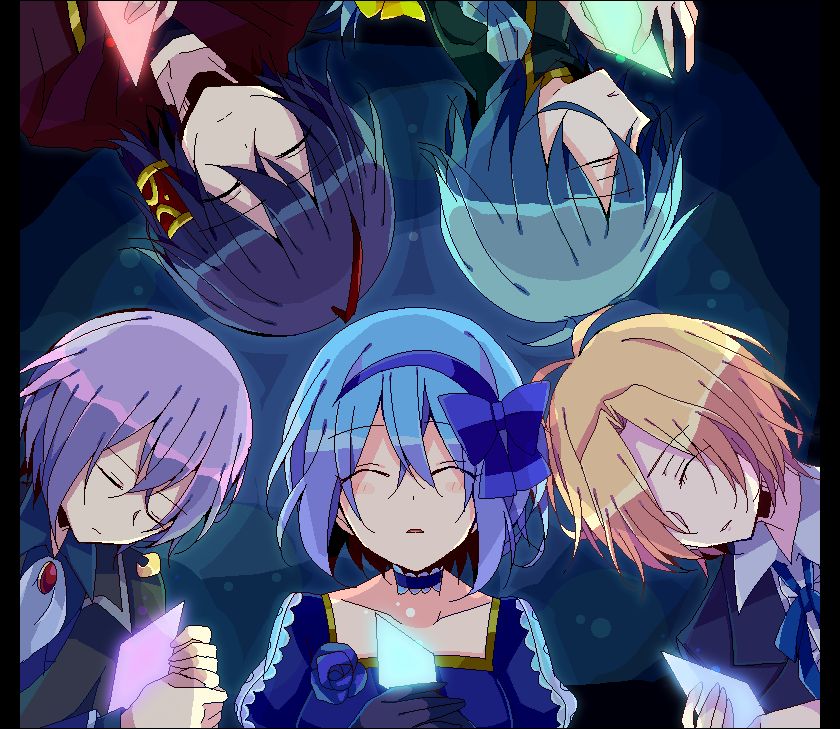 1girl 4boys ahoge antenna_hair aqua_hair ascot ashe_bradley bangs black_capelet black_hair blonde_hair blue_dress blue_flower blue_hair blue_hairband blue_jacket blue_ribbon blue_rose blue_shirt bluestar_iz bow_hairband braid brooch capelet circle_formation claire_elford closed_eyes closed_mouth collar collarbone collared_shirt crescent crescent_earrings crossed_bangs dark_background dress dress_flower earrings flower frilled_collar frills from_above gloves hair_between_eyes hair_over_one_eye hair_tubes hairband holding jacket jewelry long_hair lying multiple_boys neck_ribbon noel_levine on_back on_side parted_lips pillarboxed portrait purple_hair ribbon rose shards shirt short_hair single_earring sirius_gibson wilardo_adler witch's_heart