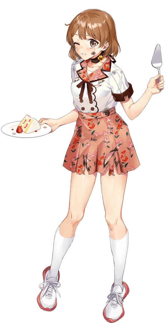 1girl alternate_costume blush brown_eyes buttons cake closed_eyes collarbone defeat drew_(drew213g) eyebrows_visible_through_hair food full_body holding holding_plate kantai_collection kneehighs light_brown_hair oboro_(kancolle) official_art one_eye_closed open_mouth plate pleated_skirt shirt shoes short_hair short_sleeves skirt smile sneakers solo torn_clothes torn_shirt torn_skirt transparent_background white_legwear white_shirt