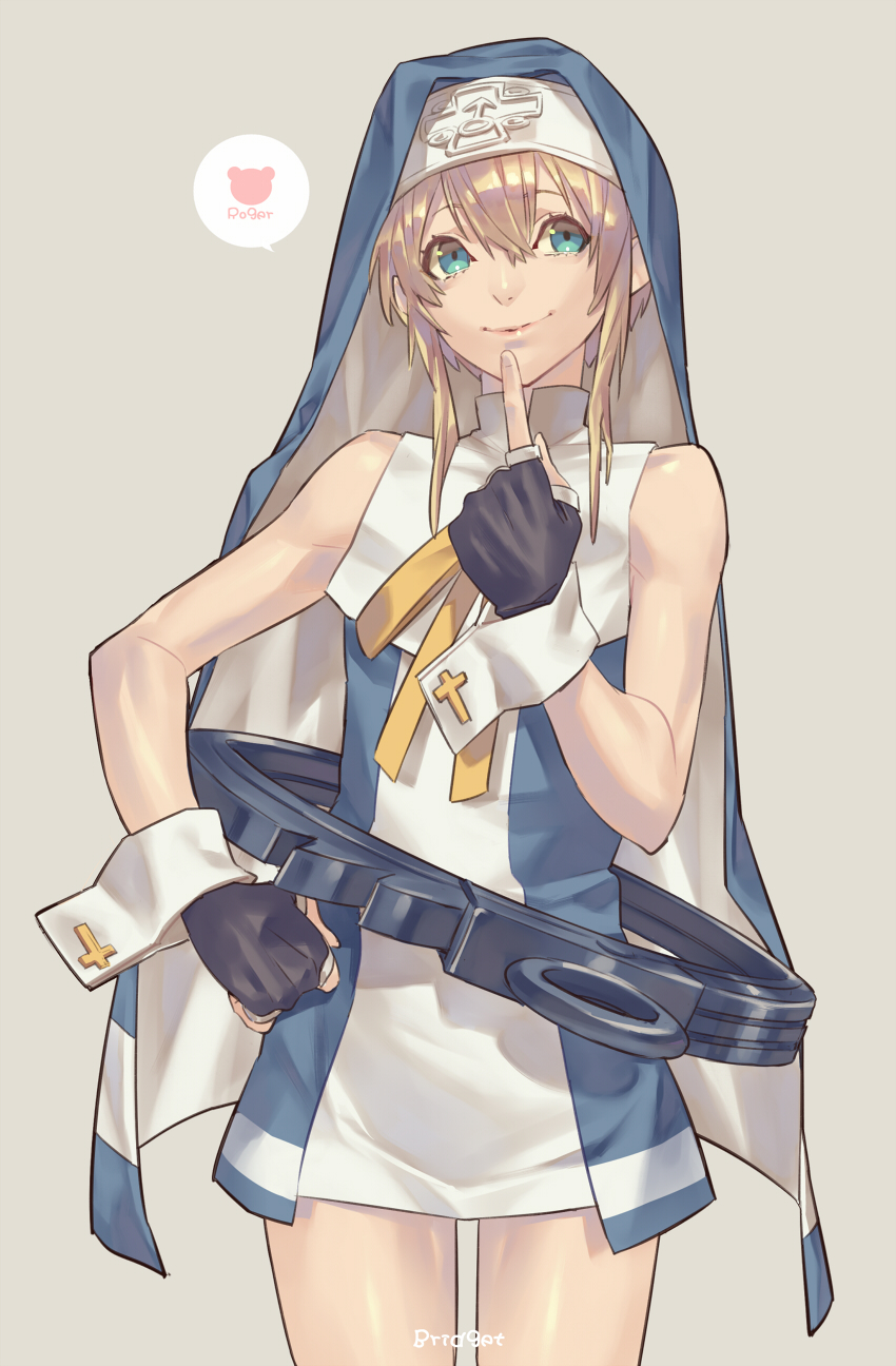 1boy bangs black_gloves blonde_hair bridget_(guilty_gear) character_name english_text finger_to_own_chin fingerless_gloves gloves green_eyes guilty_gear guilty_gear_xx hair_between_eyes hand_on_hip highres legs long_hair looking_at_viewer nun open_mouth simple_background smile speech_bubble standing talgi thigh_gap thighs