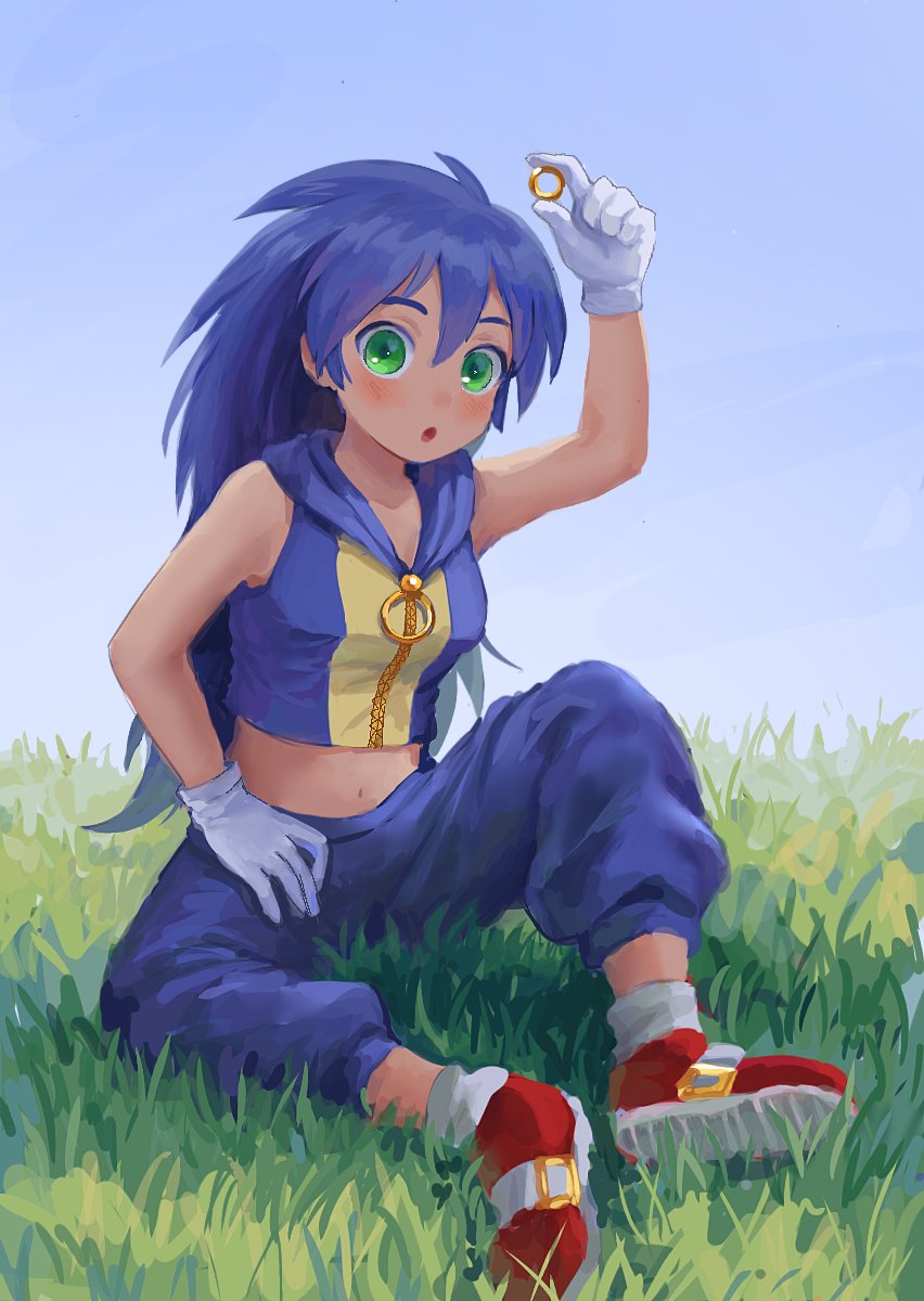 1girl :o baggy_pants blue_hair blue_hoodie blue_pants blush breasts crop_top english_commentary genderswap genderswap_(mtf) gloves gold grass green_eyes highres himuhino holding holding_jewelry holding_ring hood hooded_vest hoodie humanization jewelry long_hair midriff navel open_mouth pants red_footwear ring shoes sitting small_breasts solo sonic_(series) sonic_the_hedgehog stomach tan very_long_hair vest white_gloves zipper_pull_tab