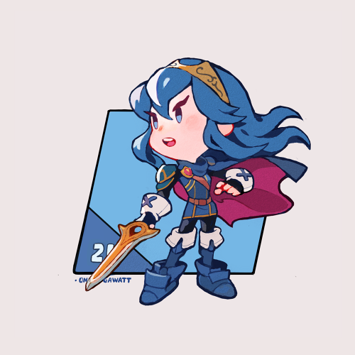 1girl armor artist_name bangs black_gloves blue_cape blue_eyes blue_footwear blue_hair boots cape commentary english_commentary fingerless_gloves fire_emblem full_body gloves grey_background hand_up holding holding_sword holding_weapon long_hair lowres lucina_(fire_emblem) onemegawatt open_mouth red_cape simple_background solo standing sword teeth tiara upper_teeth weapon