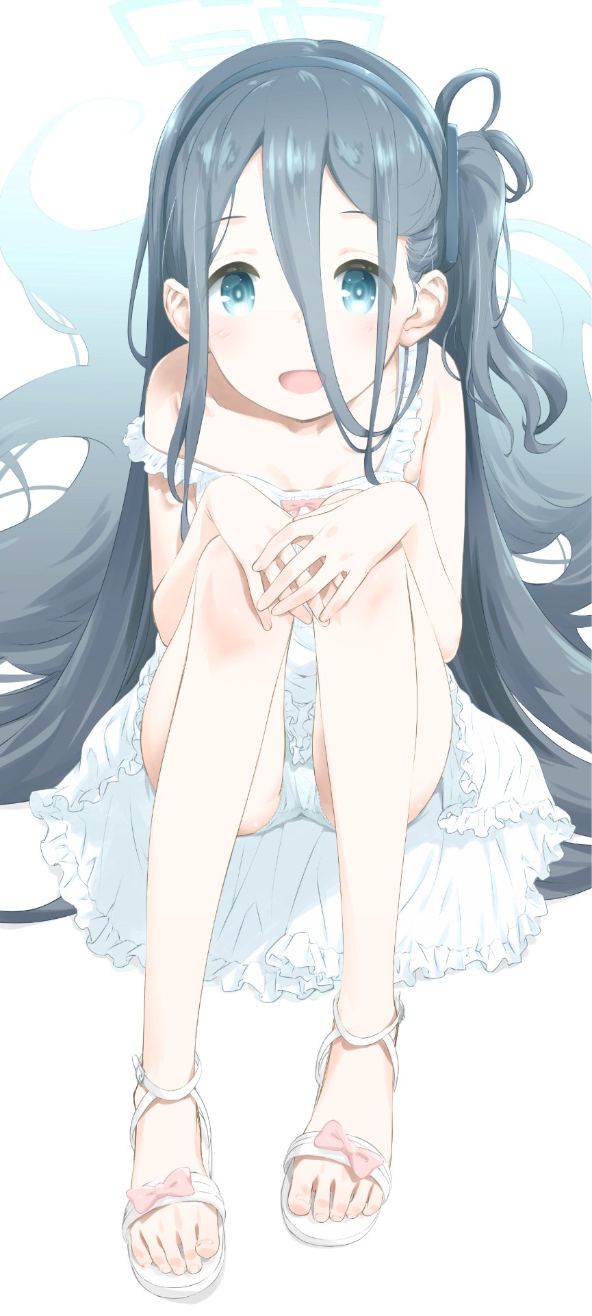 arisu_(blue_archive) bangs black_hair blue_archive blue_eyes bow commentary dot_nose dress eyebrows_visible_through_hair flat_chest frilled_dress frills hair_between_eyes halo hands_on_own_knees highres kokekokko_coma light_blush long_hair looking_at_viewer on_floor open_mouth own_hands_together panties pantyshot pink_bow sandals side_ponytail sitting smile solo strap_slip toes underwear very_long_hair white_background white_dress white_footwear white_panties