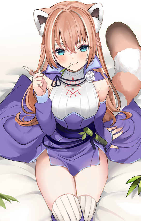 1girl aqua_eyes arm_support bangs brown_hair cape closed_mouth crossed_legs detached_sleeves hair_between_eyes hand_up high-waist_skirt index_finger_raised indie_virtual_youtuber looking_at_viewer pelvic_curtain purple_cape purple_skirt red_panda_ears red_panda_girl red_panda_tail ry_thae shirt sitting skirt solo thigh-highs white_shirt yuria_of_ailurus