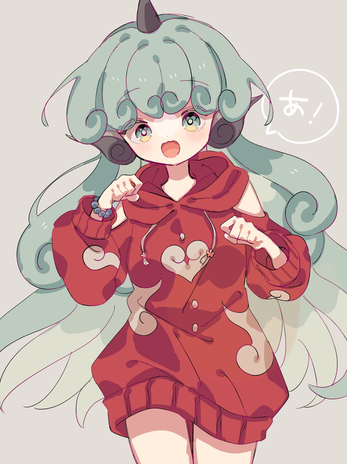 1girl :3 :d adapted_costume bare_shoulders clothing_cutout cowboy_shot curly_hair green_eyes green_hair grey_background happy highres hood hoodie horns komano_aunn long_hair long_sleeves looking_at_viewer open_mouth roamu_65 shoulder_cutout simple_background single_horn smile solo touhou very_long_hair