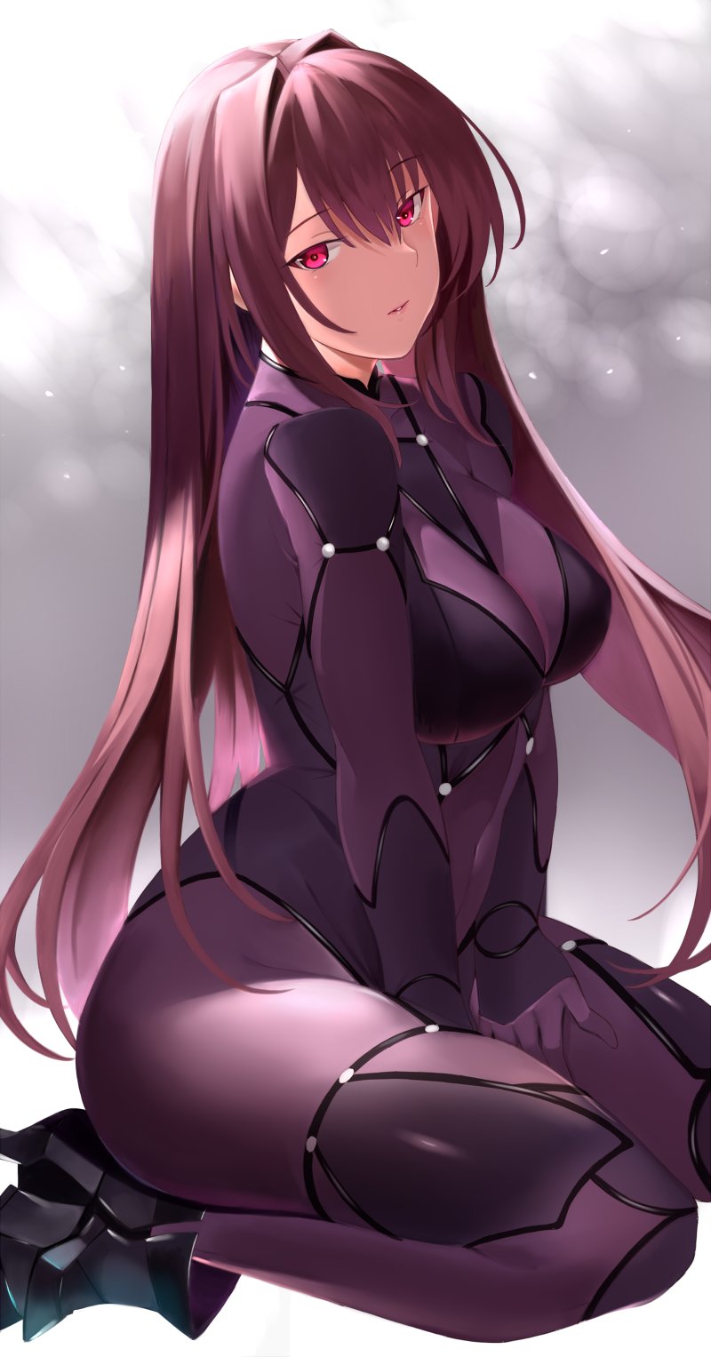 1girl bangs bodysuit breasts covered_navel fate/grand_order fate_(series) hair_between_eyes highres kameponde large_breasts long_hair looking_at_viewer purple_bodysuit purple_hair red_eyes scathach_(fate) sitting solo thighs wariza