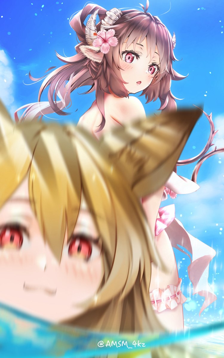 2girls animal_ears arknights bangs bikini blue_sky brown_hair ceobe_(arknights) clouds dog_ears dog_girl eyjafjalla_(arknights) eyjafjalla_(summer_flowers)_(arknights) flower hair_between_eyes hair_flower hair_ornament hibiscus highres horns long_hair motion_blur multiple_girls ocean official_alternate_costume open_mouth outdoors photobomb pink_bikini red_eyes sheep_ears sheep_girl sheep_horns sky swimsuit twitter_username yokaze_(yokajie)