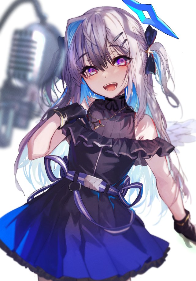1girl :d akieda amane_kanata bangs bare_shoulders black_dress black_gloves blue_dress blue_hair blurry blurry_foreground colored_inner_hair cowboy_shot dress eyebrows_visible_through_hair gloves gradient_dress grey_hair hair_between_eyes hair_ornament hairclip halo hololive looking_at_viewer microphone multicolored_hair short_sleeves smile solo standing star_halo two_side_up violet_eyes virtual_youtuber