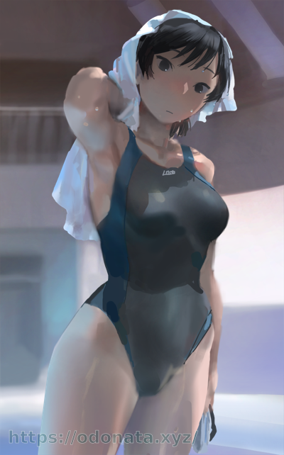 1girl amagami bangs black_eyes black_hair breasts closed_mouth commentary_request competition_swimsuit looking_at_viewer medium_breasts odonata_xyz one-piece_swimsuit ponytail pool solo swimsuit towel towel_on_head tsukahara_hibiki web_address wet