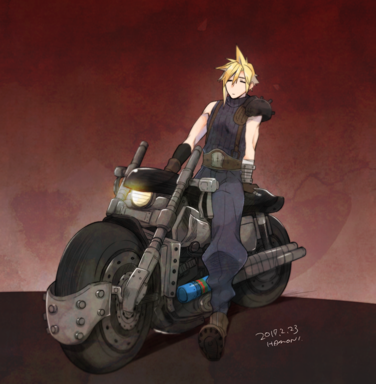 1boy armor bandaged_arm bandages belt blonde_hair blue_pants blue_shirt boots closed_eyes cloud_strife final_fantasy final_fantasy_vii full_body gloves ground_vehicle headlight krudears motor_vehicle motorcycle muscular muscular_male pants red_background shirt shoulder_armor sitting sleeveless sleeveless_turtleneck solo spiky_hair suspenders turtleneck