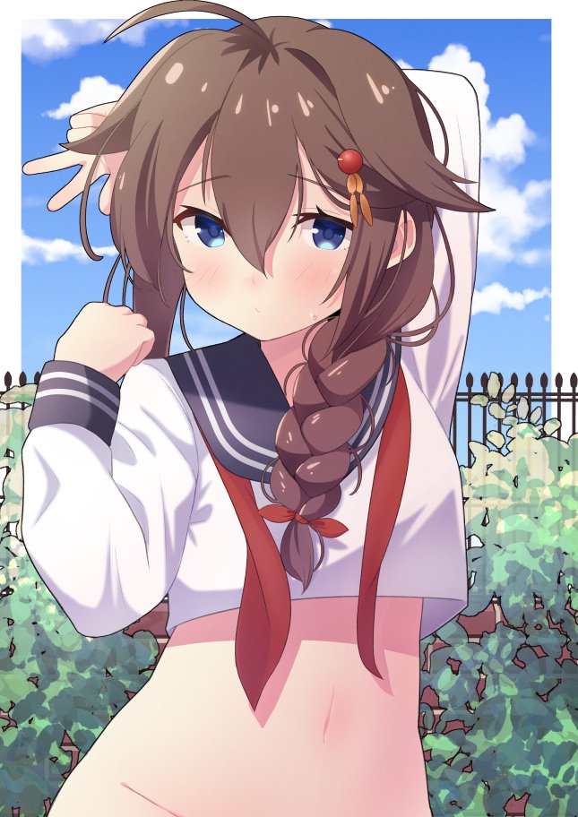 ahoge black_hair black_sailor_collar blue_eyes blue_sky bottomless bottomless_female braid breasts clouds crop_top day fence hair_flaps hair_ornament hair_over_shoulder kantai_collection neckerchief no_panties out-of-frame_censoring red_neckerchief sailor_collar sanninme_no_haru school_uniform serafuku shigure_(kancolle) shigure_kai_ni_(kancolle) single_braid sky undersized_clothes