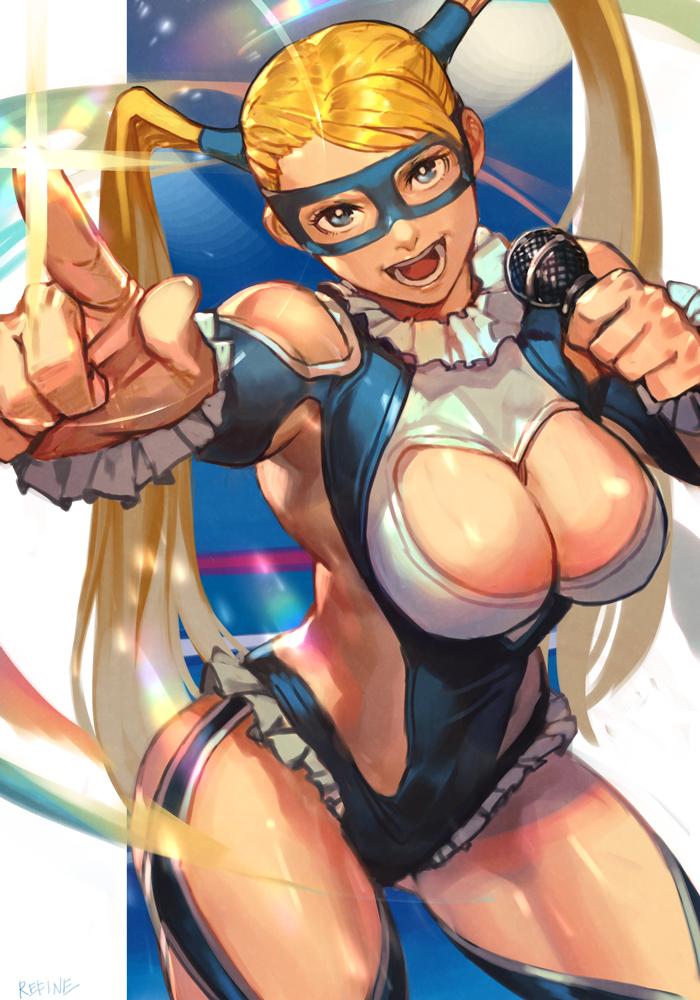 1girl blonde_hair blue_leotard breasts cleavage_cutout clothing_cutout cowboy_shot hankuri holding holding_microphone index_finger_raised large_breasts lens_flare leotard long_hair looking_at_viewer mask microphone open_mouth outstretched_arm pointing rainbow_mika shiny solo street_fighter twintails wrestling_mask wrestling_outfit