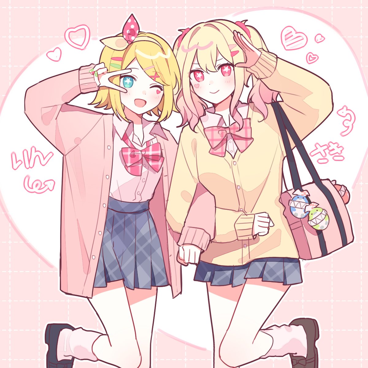 2girls :d bag bag_charm bangs blonde_hair blue_skirt bow bow_hairband bowtie brown_footwear buttons charm_(object) closed_mouth colored_tips commentary green_nails hair_bow hair_ornament hairband hairclip heart_stickers highres jacket kagamine_rin leg_up leo/need_(project_sekai) loafers long_hair long_sleeves loose_socks multicolored_hair multicolored_nails multiple_girls open_clothes open_jacket open_mouth pink_bag pink_bow pink_bowtie pink_hair pink_hairband pink_jacket pink_legwear pink_nails plaid plaid_bow plaid_bowtie plaid_skirt pleated_skirt project_sekai salute school_bag school_uniform shirt shoes short_hair sidelocks skirt smile standing standing_on_one_leg star-shaped_pupils star_(symbol) sticker sticker_on_face symbol-shaped_pupils tenma_saki translated twintails v_over_eye vocaloid waka_(wk4444) white_shirt x_hair_ornament yellow_jacket