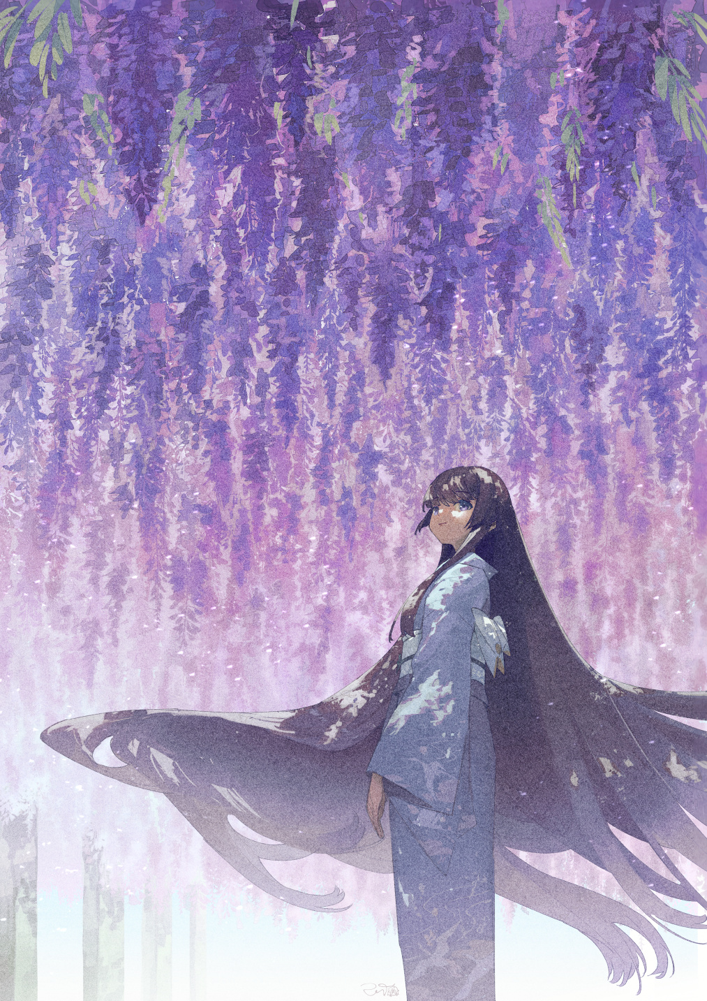 1girl absurdly_long_hair black_hair blue_eyes blue_kimono bow breasts eyebrows_visible_through_hair highres hime_cut japanese_clothes kimono long_hair original outdoors potg_(piotegu) small_breasts solo tree tree_shade very_long_hair