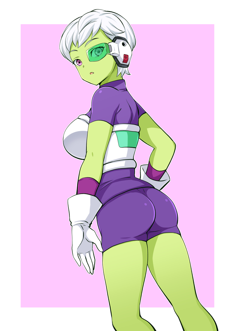 1girl armor ass bodysuit breasts cheelai colored_skin dragon_ball dragon_ball_super gabayo gloves green_skin looking_at_viewer open_mouth purple_bodysuit scouter short_hair solo violet_eyes white_gloves white_hair