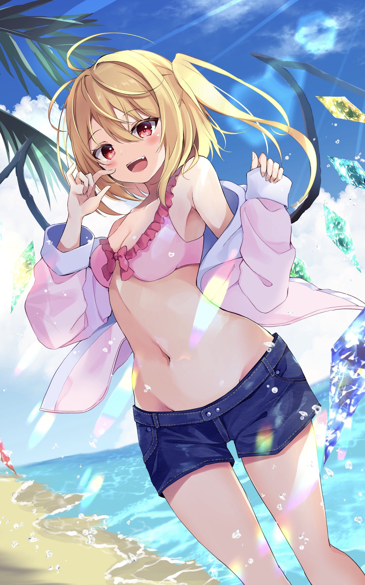 1girl :d ahoge armpits bare_shoulders beach bikini bikini_top_only blonde_hair blue_shorts breasts crystal crystal_wings denim denim_shorts fang flandre_scarlet frilled_bikini frills highres hyurasan jacket long_hair long_sleeves looking_at_viewer navel off_shoulder open_clothes open_jacket open_mouth outdoors pink_bikini pink_jacket red_eyes short_shorts shorts side_ponytail small_breasts smile solo standing stomach swimsuit thighs touhou water wings
