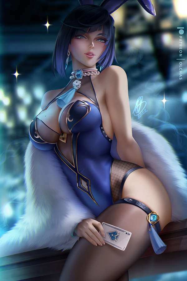 1girl ace_of_spades animal_ears arm_at_side arm_support artist_name bangs bare_shoulders bead_choker black_hair blue_dress blue_hair blurry blurry_background bob_cut breasts card collarbone commentary_request cowboy_shot diagonal_bangs dice dress earrings english_commentary fake_animal_ears feather_collar fingernails fur_trim genshin_impact gold_trim green_eyes holding holding_card jacket jewelry large_breasts leotard light_blush lips looking_at_viewer mixed-language_commentary mole multicolored_hair neck_ring neck_tassel nose olchas pants parted_lips pelvic_curtain pink_lips pink_nails playboy_bunny playing_card rabbit_ears short_hair signature sitting sitting_on_railing solo spade_(shape) sparkle strapless strapless_leotard tassel tassel_choker tassel_earrings thigh-highs tight tight_pants vision_(genshin_impact) white_jacket yelan_(genshin_impact)