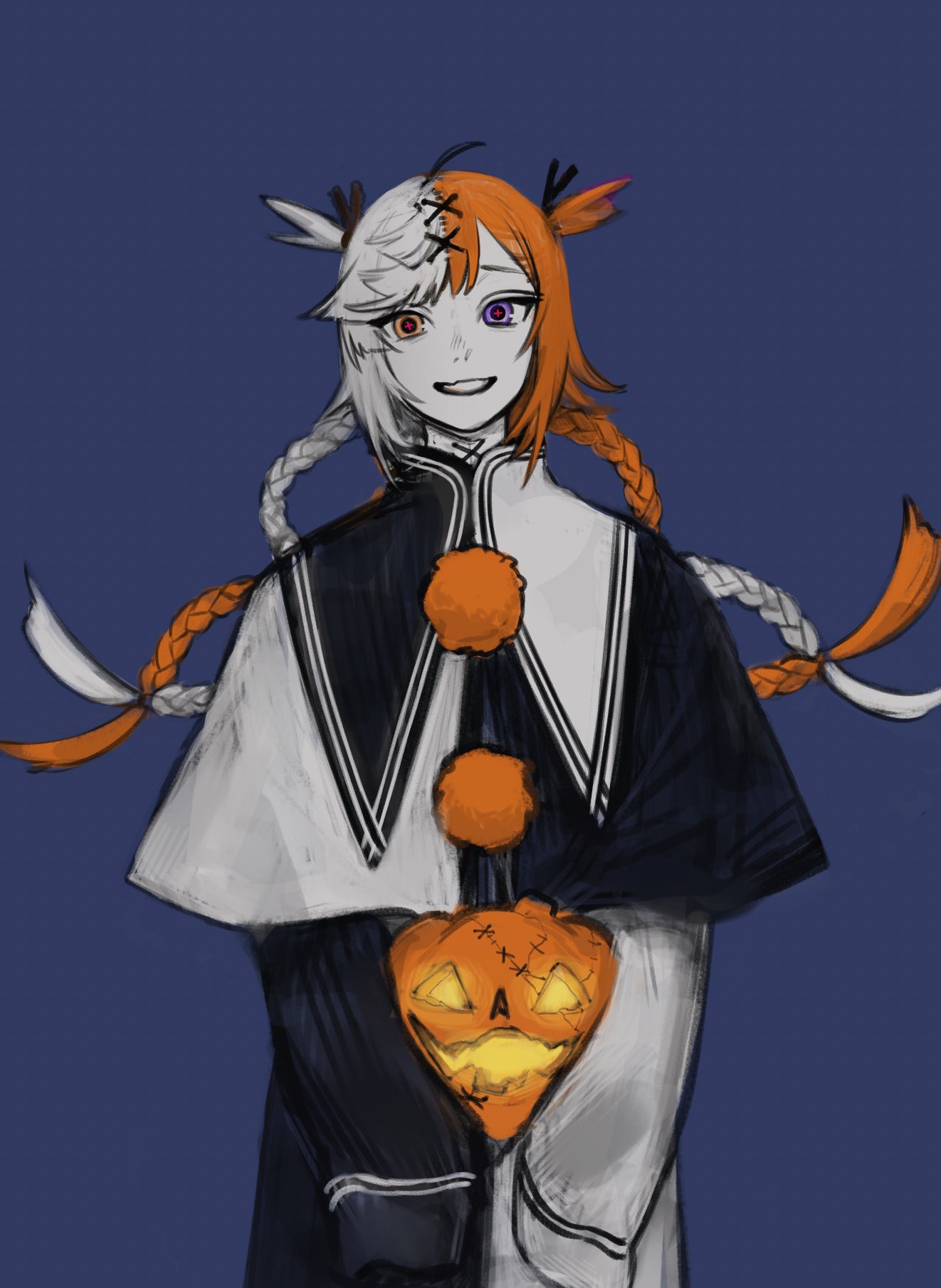 +_+ 1girl ahoge black_cape blue_background cape capelet food grey_hair hair_ornament halloween heterochromia highres holding holding_food holding_jack-o'-lantern holding_pumpkin holding_vegetable jack-o'-lantern long_hair orange_eyes orange_hair original parted_lips pumpkin red_pupils rit3set simple_background sleeves_past_fingers sleeves_past_wrists smile solo stitches twintails vegetable violet_eyes white_capelet x_hair_ornament