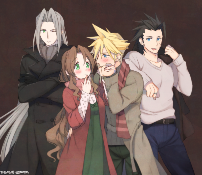 1girl 3boys aerith_gainsborough alternate_costume asymmetrical_bangs bangs belt black_coat black_hair blonde_hair blue_eyes blush brown_background brown_hair cloud_strife coat couple crossed_arms denim dress earrings final_fantasy final_fantasy_vii green_dress green_eyes green_pants grey_sweater hand_on_another's_hip hand_on_own_face holding_hands jacket jacket_on_shoulders jeans jewelry krudears leaning_on_person long_coat long_hair multiple_boys open_mouth pants parted_bangs pink_scarf polka_dot polka_dot_shirt red_coat ring scar scar_on_cheek scar_on_face scarf sephiroth shirt sidelocks silver_hair single_earring spiky_hair straight_hair striped striped_scarf sweater tan_coat turtleneck upper_body very_long_hair wavy_hair white_sweater zack_fair