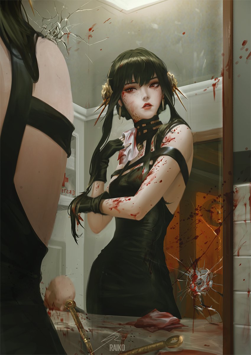 1girl bathroom black_dress black_gloves black_hair blood blood_on_arm blood_on_clothes blood_on_face blood_on_rags blood_on_weapon blood_splatter breasts bullet_hole corpse cracked_glass dagger death dress earrings english_commentary fingerless_gloves gloves gold gold_earrings highres jewelry knife lipstick long_hair looking_at_mirror looking_to_the_side makeup mirror multiple_views murder parted_lips raikoart red_eyes red_lips red_nails reflection rose_hair_ornament short_hair_with_long_locks sidelocks sink spikes spy_x_family weapon wiping yor_briar