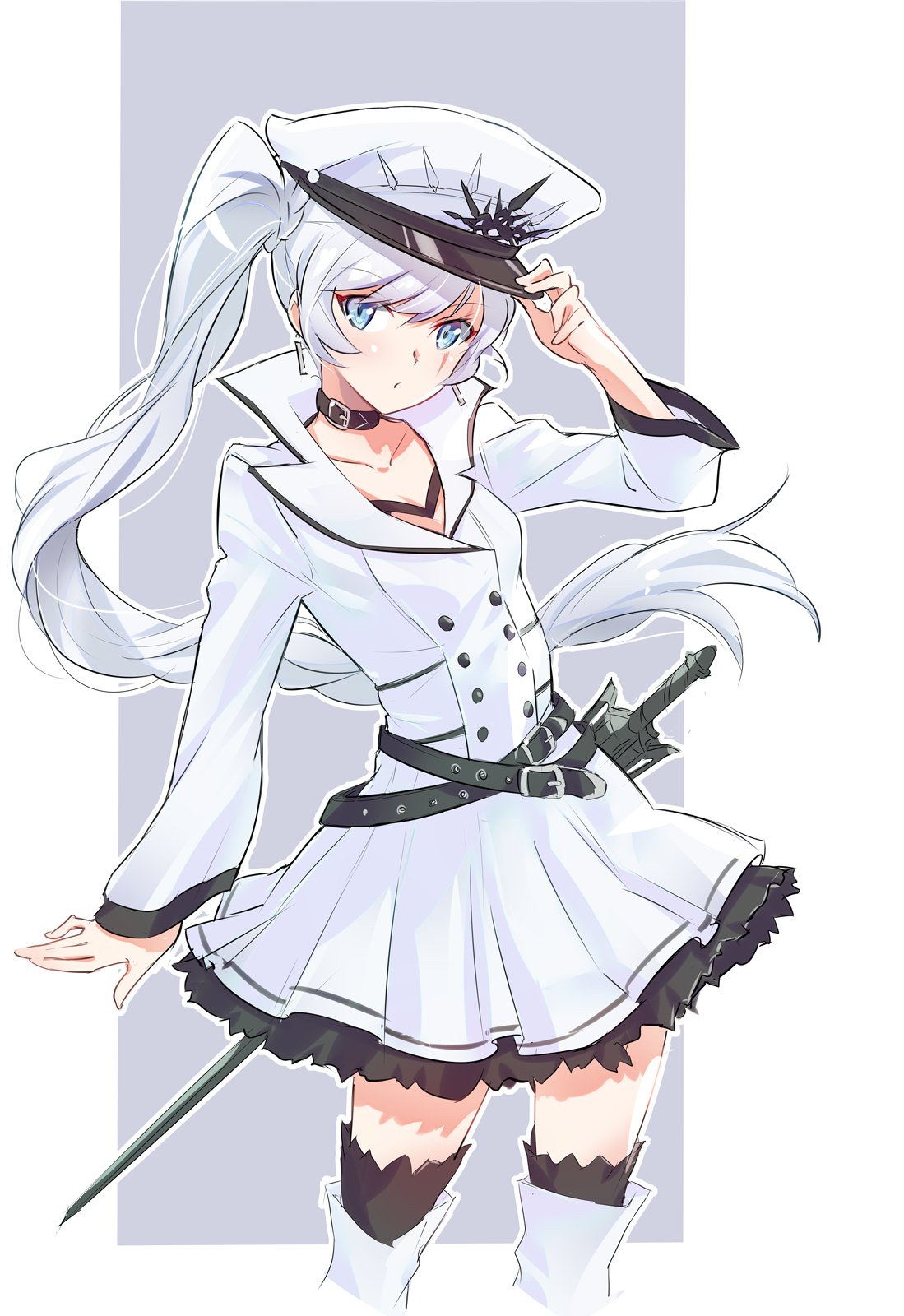 1girl belt black_belt black_collar blue_eyes collar cowboy_shot cropped_legs dress earrings english_commentary floating_hair hand_on_headwear hat highres iesupa jewelry long_hair looking_at_viewer multiple_belts myrtenaster official_alternate_costume peaked_cap rwby rwby_ice_queendom scar scar_on_face side_ponytail solo sword thigh-highs weapon weiss_schnee white_dress white_hair white_headwear