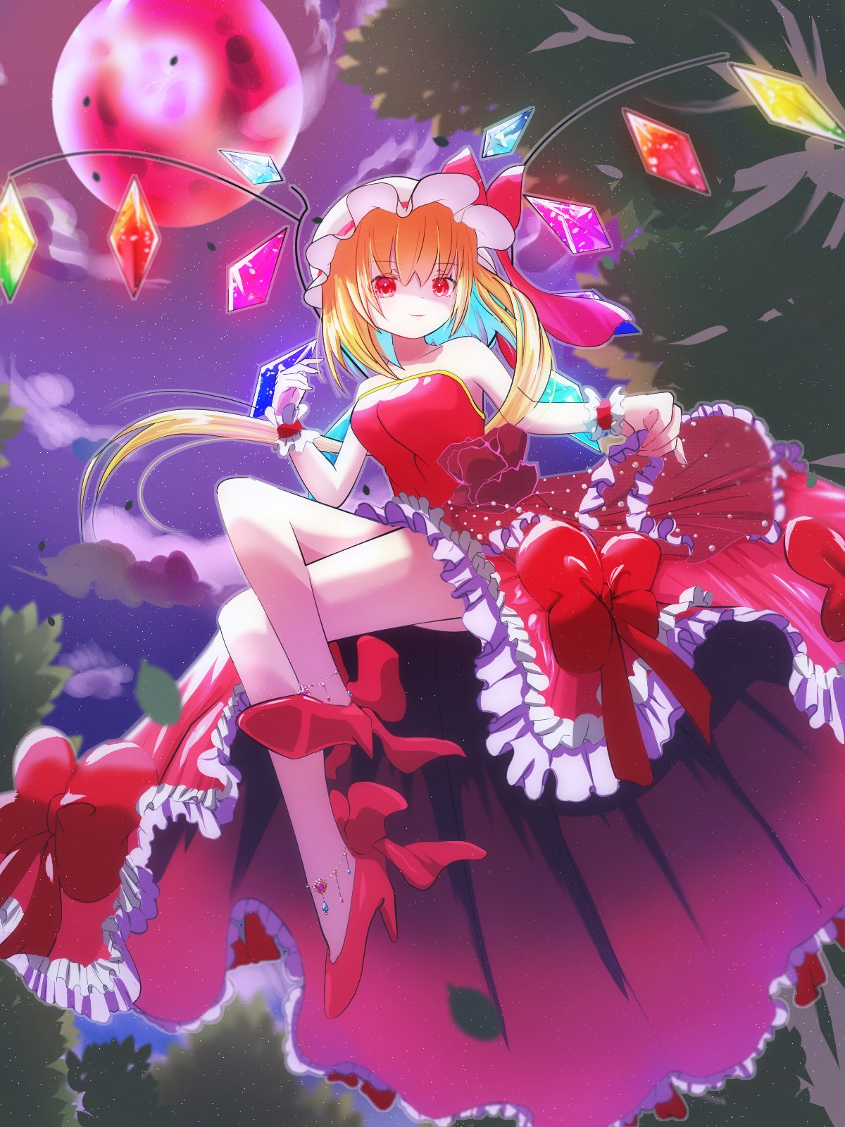 1girl bangs blonde_hair bow clouds crystal dress dress_bow flandre_scarlet full_body full_moon hat high_heels highres kanata_gekiryuu looking_at_viewer mob_cap moon off-shoulder_dress off_shoulder one_side_up outdoors red_bow red_dress red_eyes red_footwear red_moon sky solo star_(sky) starry_sky touhou white_headwear wings wrist_cuffs