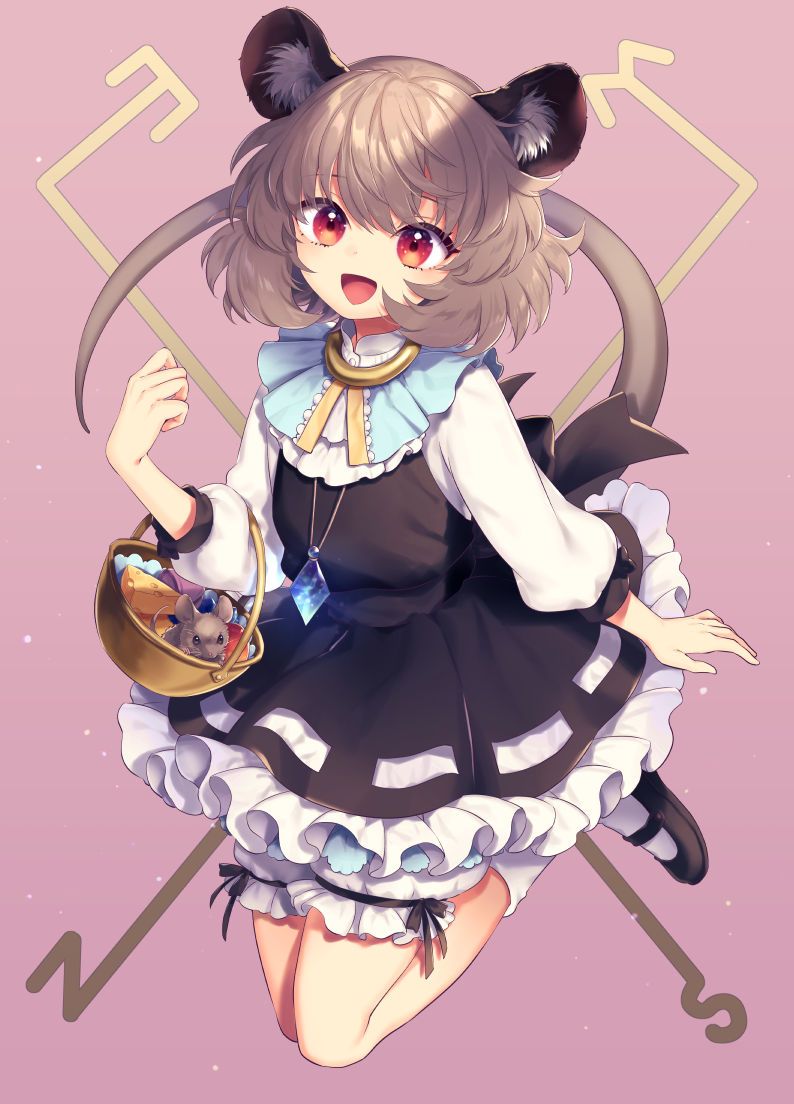 1girl :d animal_ears apple bangs basket bloomers blue_capelet blush capelet cheese commentary_request dowsing_rod food frills fruit gold_trim grey_hair jewelry long_sleeves looking_at_viewer mouse mouse_ears mouse_girl mouse_tail nazrin open_mouth pantylines pendant puffy_sleeves purple_background red_eyes short_hair simple_background smile solo tail tomobe_kinuko touhou underwear