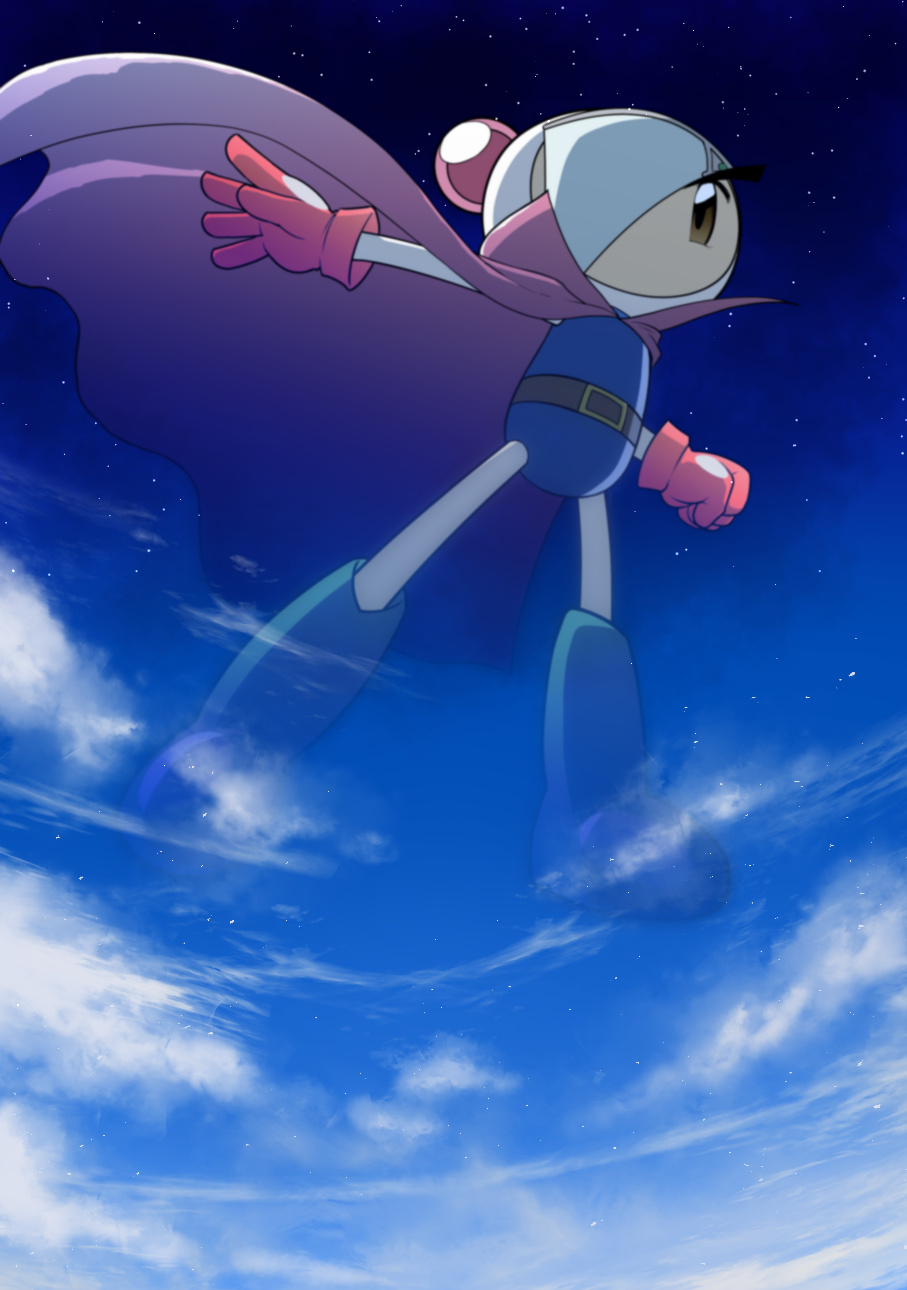 1boy arm_up belt blue_footwear blue_leotard blue_sky blue_theme bodysuit bomberman bomberman_jetters boots brown_eyes cape clenched_hand clouds commentary_request day floating full_body giant giant_male gloves high_collar highres knee_boots leotard looking_at_viewer male_focus mighty_(bomberman) one_eye_covered outdoors outstretched_arm partial_commentary red_cape red_gloves saboten7 sky solo star_(sky) thick_eyebrows white_bodysuit