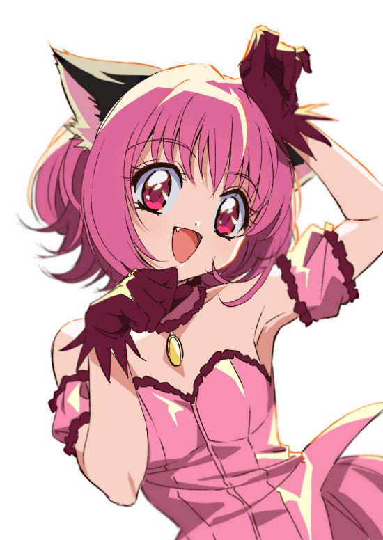 1girl animal_ears arm_strap bangs cat_ears choker dress eyebrows_visible_through_hair fang head_tilt leaning_to_the_side looking_at_viewer magical_girl mew_ichigo momomiya_ichigo open_mouth paw_pose pink_choker pink_dress pink_eyes pink_hair smile solo tokyo_mew_mew white_background yoko.u