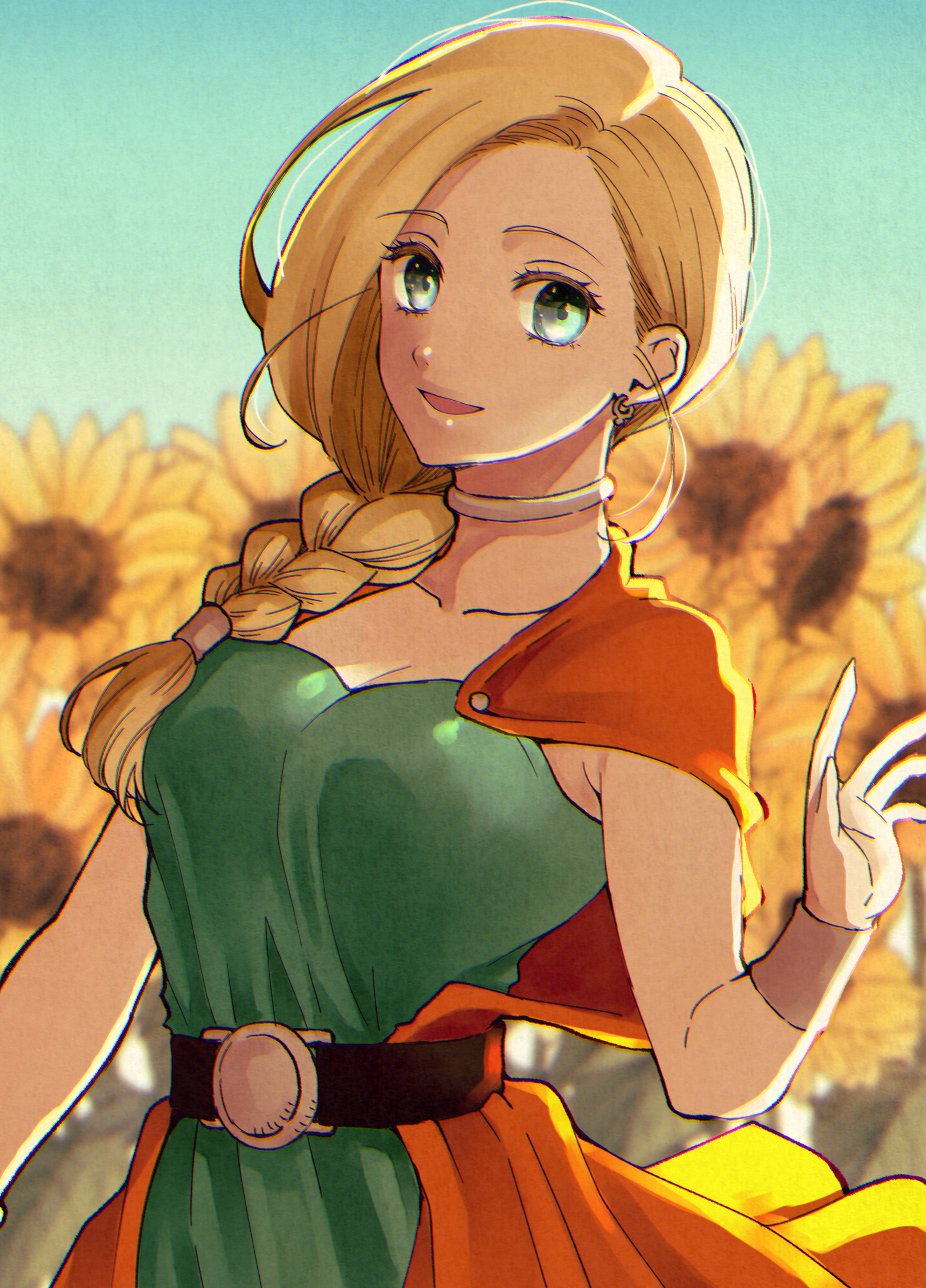 1girl belt bianca_(dq5) blonde_hair blue_eyes blurry blurry_background bracelet braid cape choker dragon_quest dragon_quest_v earrings flower hair_over_shoulder highres jewelry long_hair looking_at_viewer open_mouth orange_cape outsuba_itaru side_braid solo sunflower