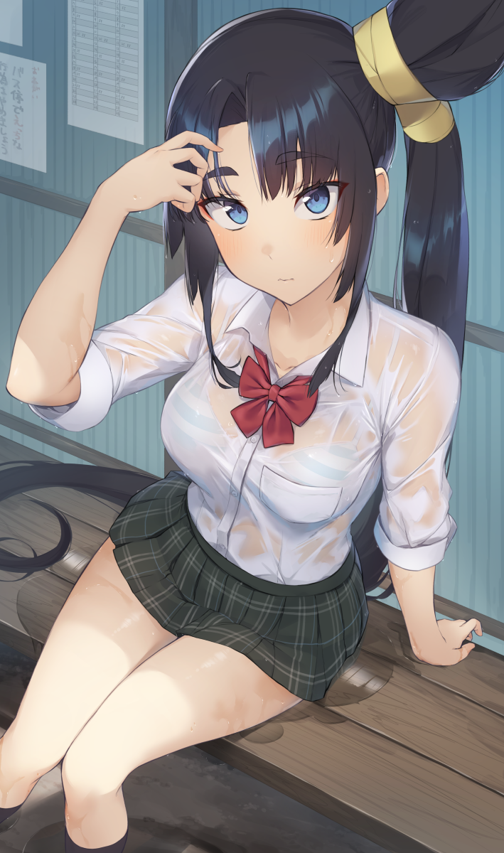 1girl arm_support arm_up bangs black_hair black_legwear blue_bra blue_eyes bow bowtie bra breast_pocket breasts commentary_request dress_shirt eyebrows_visible_through_hair fate/grand_order fate_(series) feet_out_of_frame green_skirt highres kneehighs knees_together_feet_apart light_blush long_hair looking_at_viewer medium_breasts miniskirt on_bench parted_bangs pinta_(ayashii_bochi) plaid plaid_skirt pleated_skirt pocket puddle red_bow red_bowtie see-through_shirt shirt shirt_tucked_in side_ponytail sidelocks sitting skirt solo striped striped_bra thighs underwear ushiwakamaru_(fate) very_long_hair wet wet_clothes white_bra