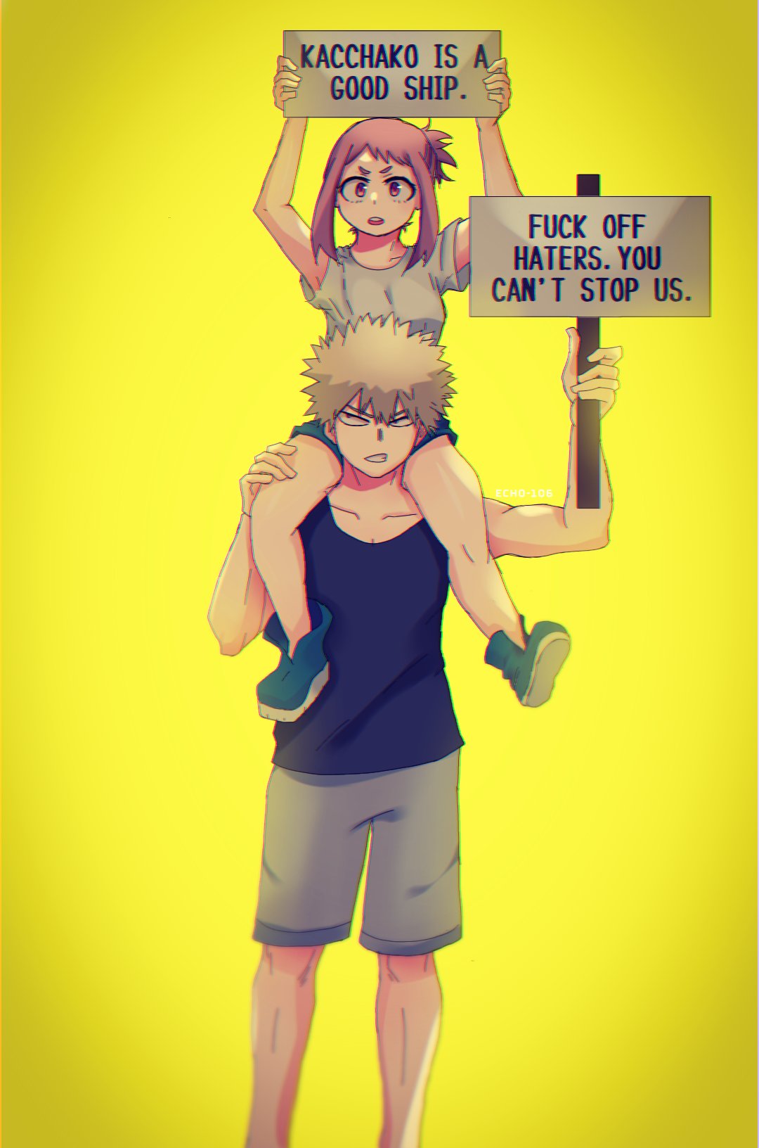 bakugou_katsuki blonde_hair boku_no_hero_academia boots brown_eyes brown_hair carrying echo1069479 english_text fourth_wall green_footwear grey_shorts hand_on_another's_thigh highres holding holding_sign looking_at_viewer profanity red_eyes shirt short_hair shorts shoulder_carry sidelocks sign spiky_hair standing uraraka_ochako white_shirt yellow_background