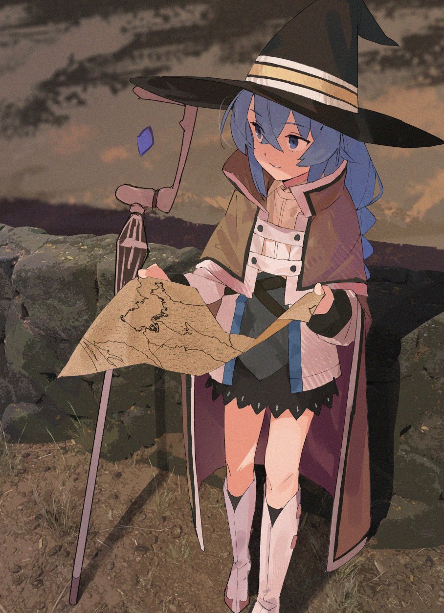 1girl bangs black_headwear blue_eyes blue_hair boots braid brown_cape cape crossed_bangs eyebrows_visible_through_hair eyes_visible_through_hair full_body hair_between_eyes hat highres holding holding_map knee_boots leaning_back long_hair long_sleeves map mushoku_tensei outdoors pikumin roxy_migurdia sideways_glance solo staff twin_braids white_footwear witch_hat