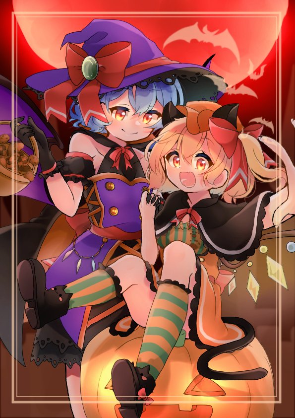 2girls animal_ears back_bow basket bat bat_wings black_capelet black_footwear blonde_hair blue_hair boots bow capelet cat_ears cat_tail closed_mouth commentary_request dress flandre_scarlet frilled_capelet frills full_moon glowing glowing_eyes green_legwear hair_bow halloween halloween_costume happy hat hat_bow holding holding_basket jack-o'-lantern laspberry. mob_cap moon multiple_girls off-shoulder_dress off_shoulder open_mouth orange_dress orange_headwear orange_legwear pumpkin purple_dress purple_headwear red_bow red_eyes red_moon red_ribbon remilia_scarlet ribbon short_hair side_ponytail sitting smile striped striped_legwear tail touhou wings witch witch_hat
