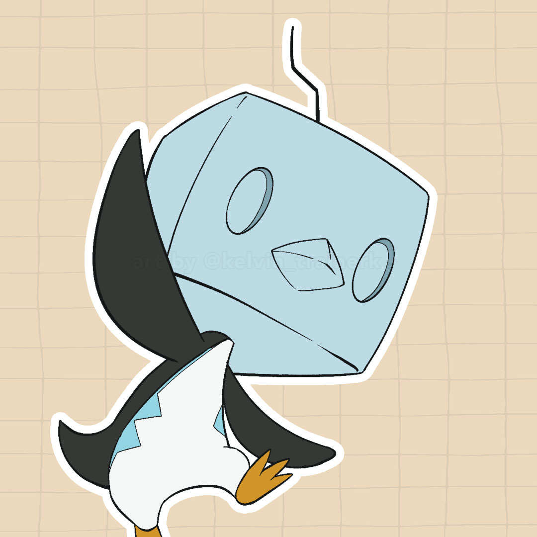 animal_focus bird commentary eiscue eiscue_(ice) grid_background ice ice_cube kelvin-trainerk leg_up no_humans outline outstretched_arms penguin pokemon pokemon_(creature) twitter_username watermark yellow_background