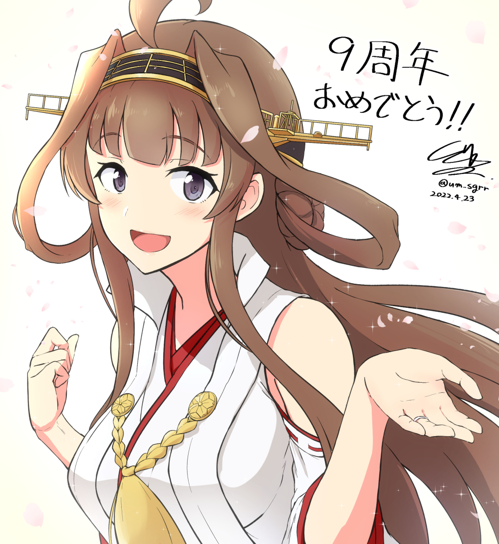 1girl ahoge artist_name bare_shoulders black_skirt brown_hair cowboy_shot dated detached_sleeves double_bun eyebrows_visible_through_hair grin hairband headgear highres japanese_clothes kantai_collection kongou_(kancolle) kongou_(kantai_collection) long_hair nontraditional_miko pleated_skirt ribbon-trimmed_sleeves ribbon_trim signature skirt smile solo um_sgrr v violet_eyes wide_sleeves