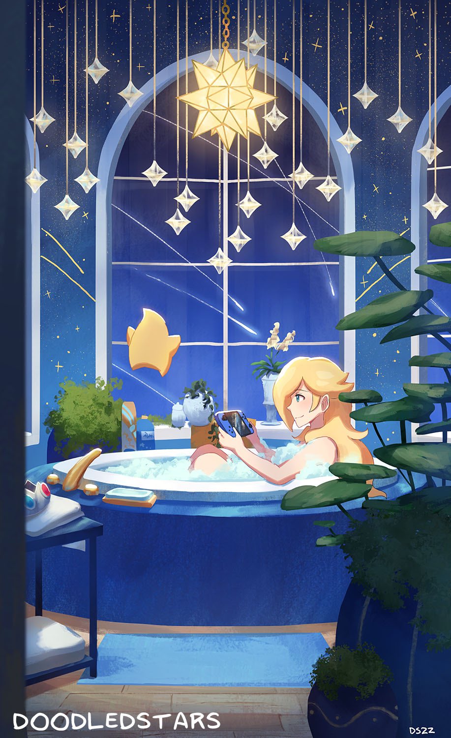 1girl bathing bathtub blonde_hair crown crown_removed doodledstars floating flower handheld_game_console highres luma_(mario) night nintendo_switch nude plant rosalina shooting_star smile soap_bubbles star super_mario_bros. super_mario_galaxy towel window