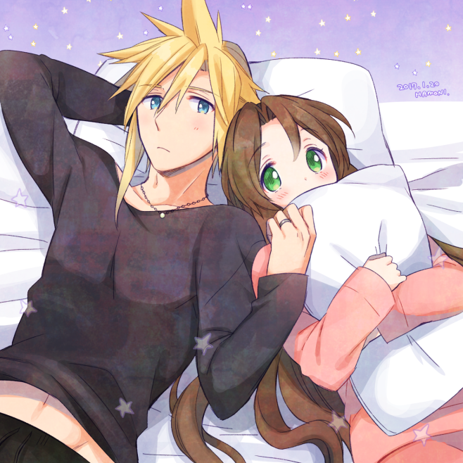 1boy 1girl aerith_gainsborough alternate_costume bangs bed_sheet black_pants black_shirt blonde_hair blue_eyes blush brown_hair cloud_strife couple final_fantasy final_fantasy_vii green_eyes hair_down jewelry krudears long_hair long_sleeves lying midriff_peek necklace object_hug on_back pajamas pants parted_bangs pillow pillow_hug pink_pajamas ring shirt spiky_hair star_(symbol) upper_body