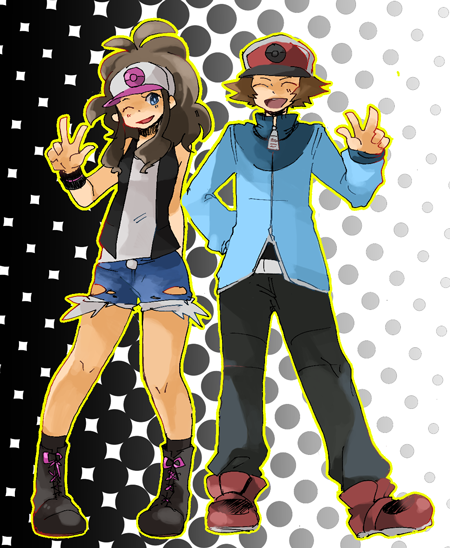 baseball_cap blue_eyes boots brown_hair hat pokemon pokemon_black_and_white shorts touko_(pokemon) touya_(pokemon) v wink